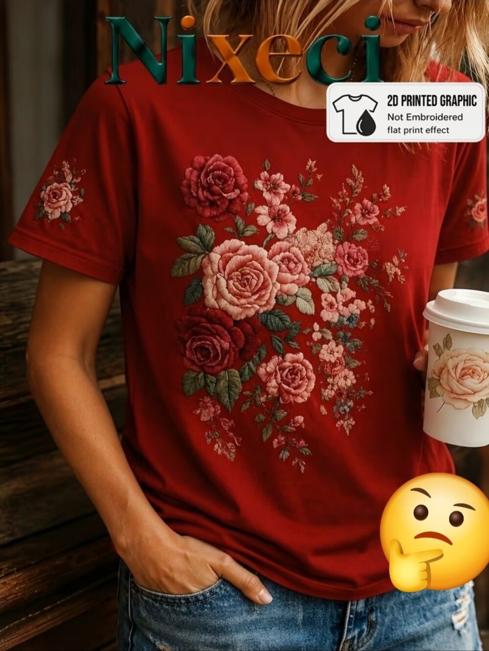 Women's Red Floral Short Sleeve Tee